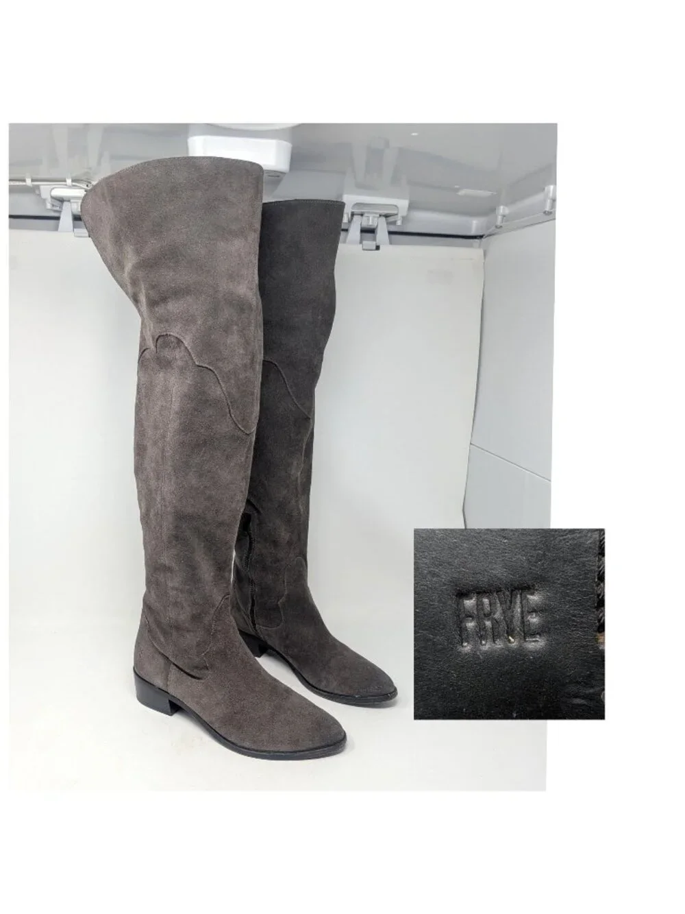 Frye Over Knee Suede Boots 8 Gray Leather Heel